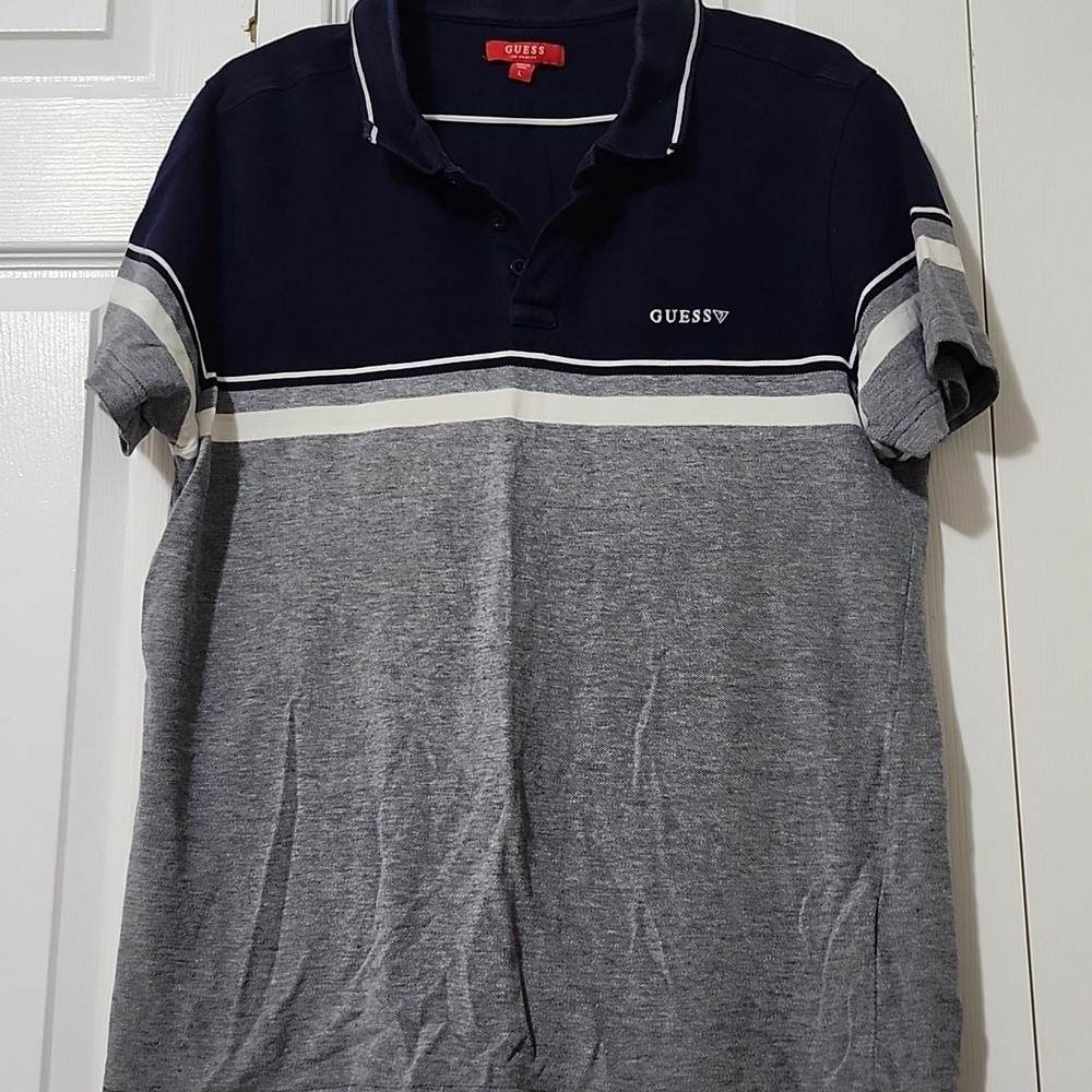 Guess Navy and Gray Striped Polo